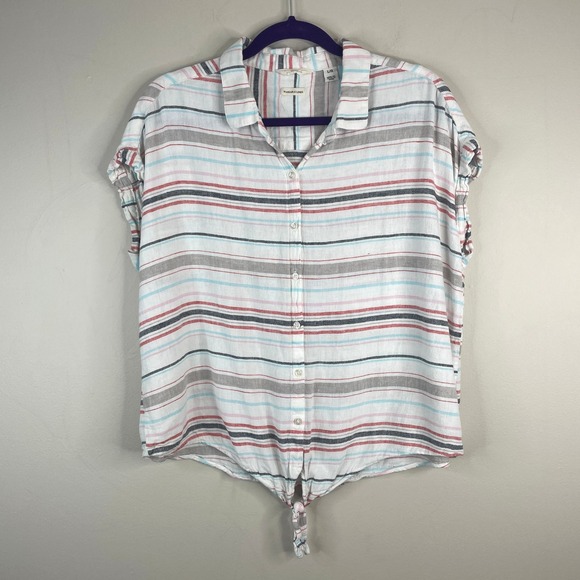 Original Weatherproof Vintage Tops - Weatherproof Vintage Beachy Linen Blend Top Large Coastal Striped Vacation Tie
